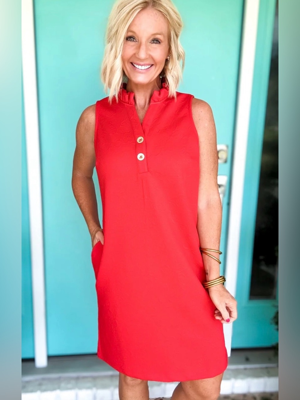 Main Character Jacquard Sleeveless Red Ruffle Collar Shift Dress “Dear Scarlett”